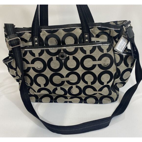 Vtg Y2K Coach Signature Black & Gray Optic Art Diaper Baby Bag Tote 19 x 13 x 6 - Picture 1 of 16